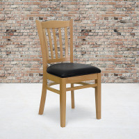 Flash Furniture Hercules Series Natural Wood Finished Vertical Slat Back Wooden Restaurant Chair with Black Vinyl Seat XU-DGW0008VRT-NAT-BLKV-GG